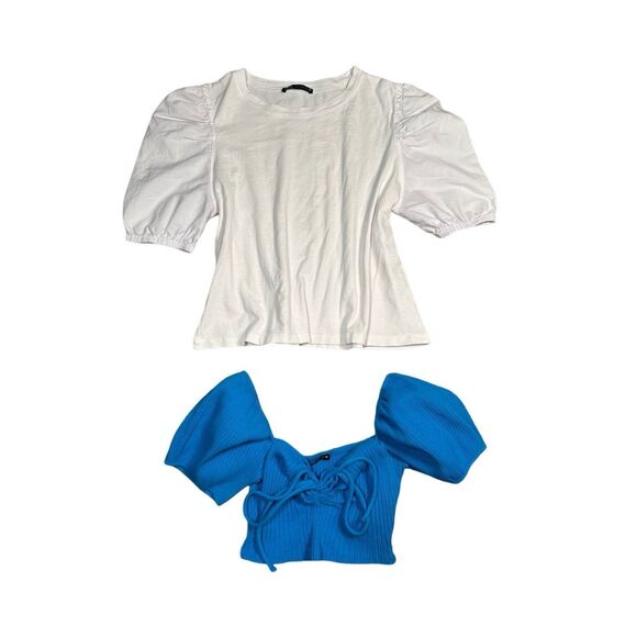 zara puff sleeve crop top blouse bundle cottagecore white and blue women’s S - Picture 1 of 12